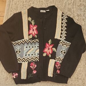 Chic Black Cardigan with Floral Accents